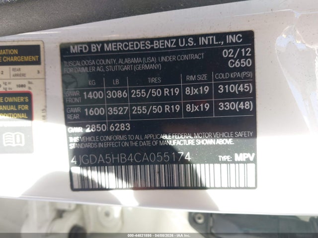 Продаж на аукціоні авто 2012 Mercedes-benz Ml 350 4matic, vin: 4JGDA5HB4CA055174, номер лоту: 44821895