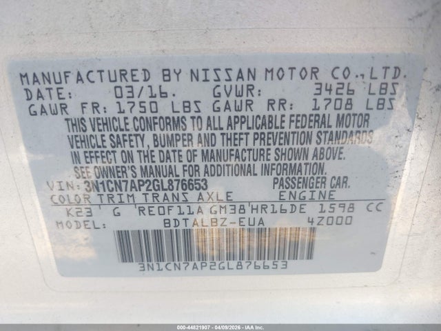3N1CN7AP2GL876653 Nissan Versa 1.6 S/1.6 S+/1.6 Sl/1.6 Sv