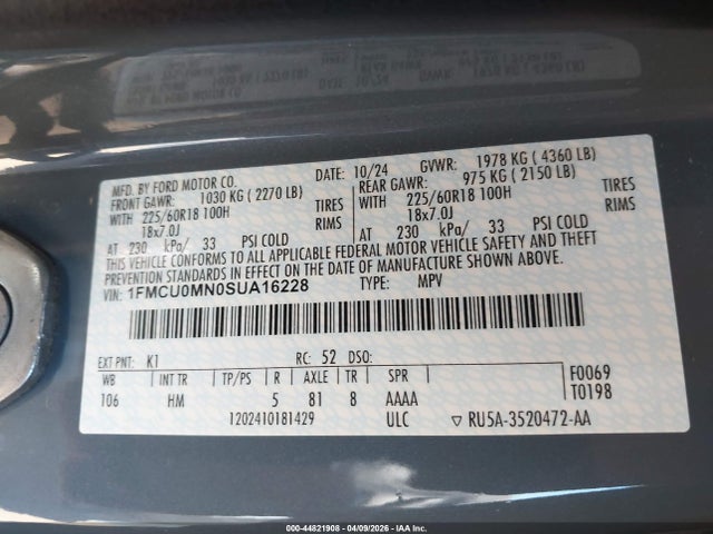44821908 :رقم المزاد ، 1FMCU0MN0SUA16228 vin ، 2025 Ford Escape St-line مزاد بيع