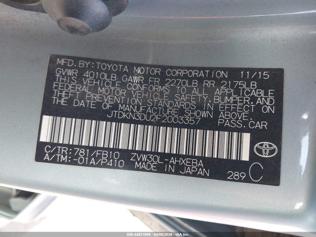 Toyota Prius Two 2015 JTDKN3DU2F2003357 Image 9