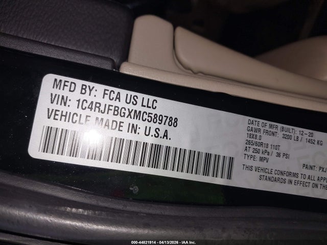44821914 :رقم المزاد ، 1C4RJFBGXMC589788 vin ، 2021 Jeep Grand Cherokee Limited 4x4 مزاد بيع