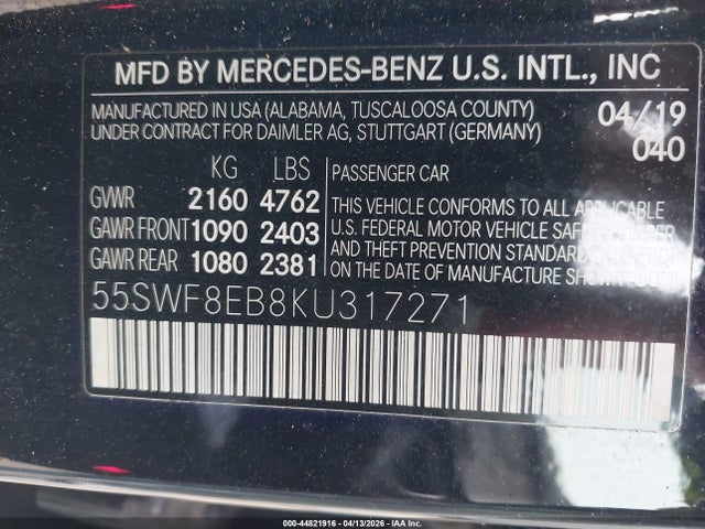 Продажа на аукционе авто 2019 Mercedes-benz C 300 4matic, vin: 55SWF8EB8KU317271, номер лота: 44821916