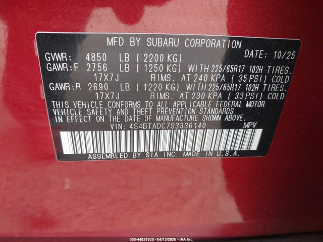 44821920 :رقم المزاد ، 4S4BTADC7S3336140 vin ، 2025 Subaru Outback Premium مزاد بيع