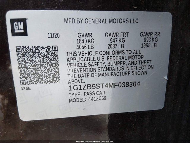 44821929 :رقم المزاد ، 1G1ZB5ST4MF038364 vin ، 2021 Chevrolet Malibu Fwd Ls مزاد بيع