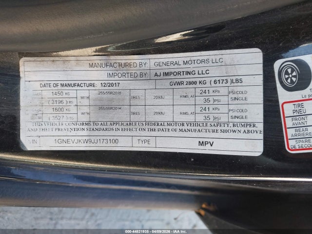 44821935 :رقم المزاد ، 1GNEVJKW9JJ173100 vin ، 2018 Chevrolet Traverse Premier مزاد بيع