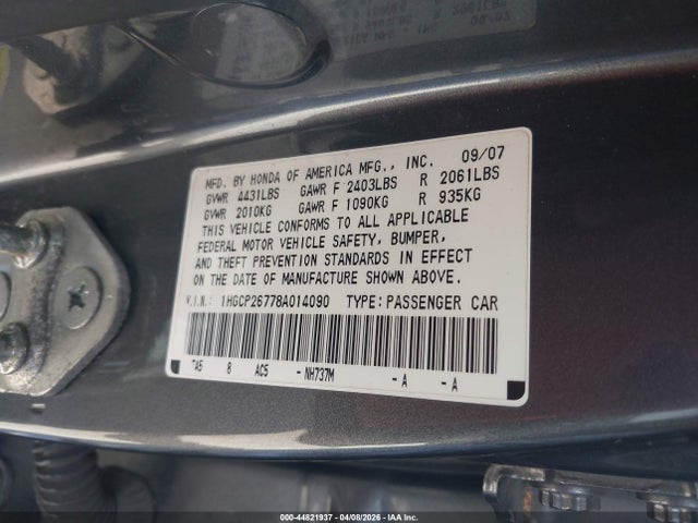 44821937 :رقم المزاد ، 1HGCP26778A014090 vin ، 2008 Honda Accord 2.4 Ex مزاد بيع