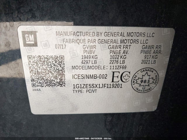 Продажа на аукционе авто 2018 Chevrolet Malibu Premier, vin: 1G1ZE5SX1JF119201, номер лота: 44821948