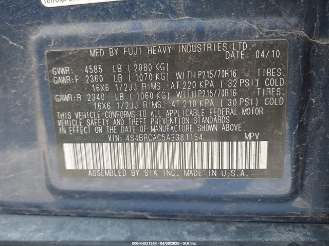 Aukcja sprzedaży 2010 Subaru Outback 2.5i, vin: 4S4BRCAC5A3381154, numer aukcji: 44821964