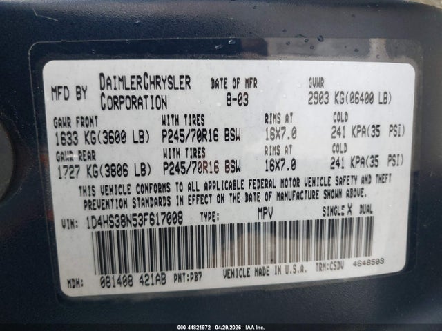 2003 Dodge Durango Sport/sxt მანქანა იყიდება აუქციონზე, vin: 1D4HS38N53F617008, აუქციონის ნომერი: 44821972