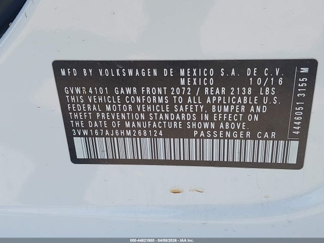 Продаж на аукціоні авто 2017 Volkswagen Jetta 1.4t S, vin: 3VW167AJ6HM268124, номер лоту: 44821980