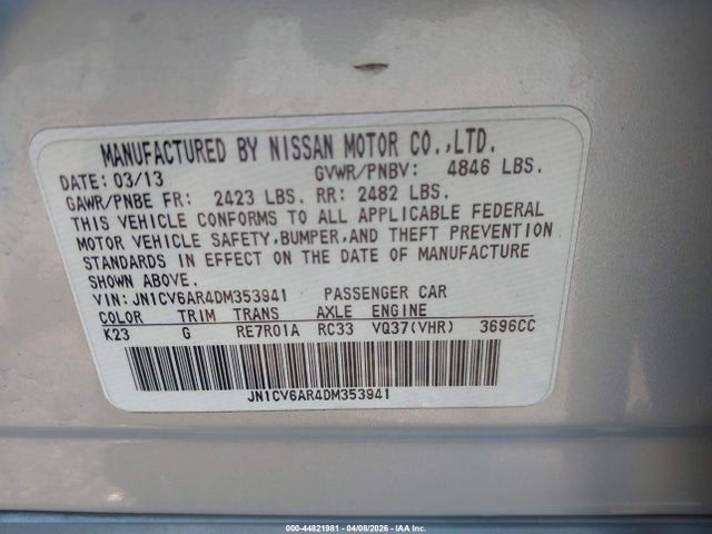 2013 Infiniti G37x მანქანა იყიდება აუქციონზე, vin: JN1CV6AR4DM353941, აუქციონის ნომერი: 44821981