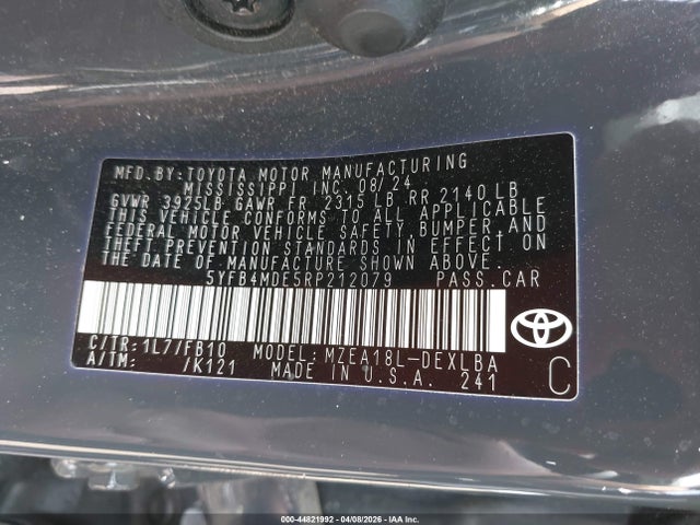 Продаж на аукціоні авто 2024 Toyota Corolla Le, vin: 5YFB4MDE5RP212079, номер лоту: 44821992
