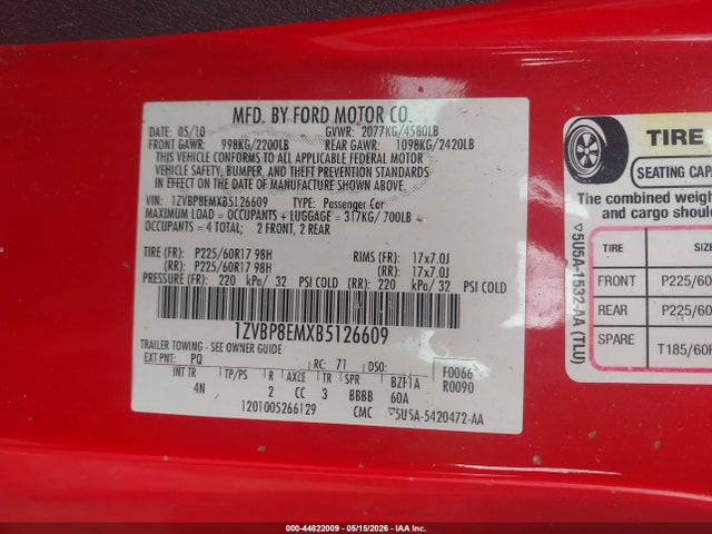 Aukcja sprzedaży 2011 Ford Mustang V6 Premium, vin: 1ZVBP8EMXB5126609, numer aukcji: 44822009