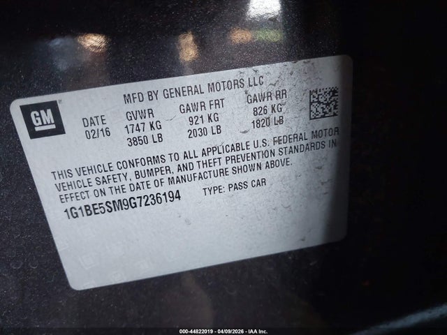 Продаж на аукціоні авто 2016 Chevrolet Cruze Lt Auto, vin: 1G1BE5SM9G7236194, номер лоту: 44822019
