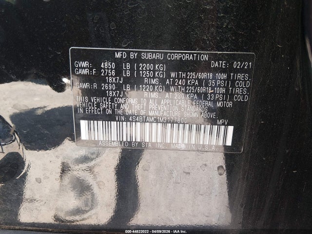 44822022 :رقم المزاد ، 4S4BTAMC1M3177800 vin ، 2021 Subaru Outback Limited مزاد بيع
