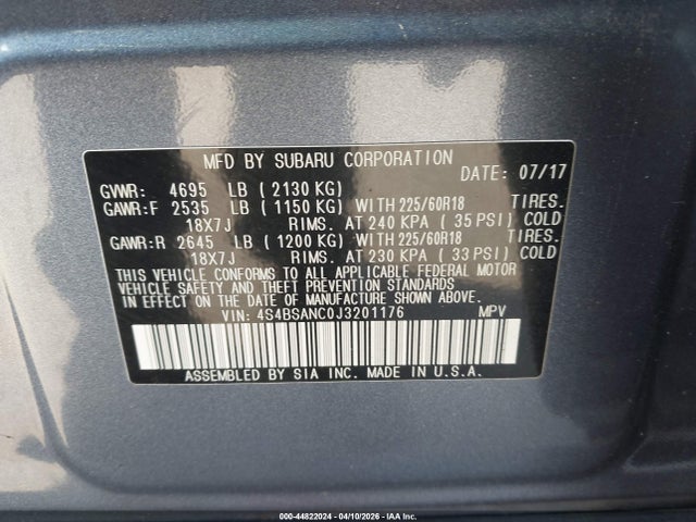 2018 Subaru Outback 2.5i Limited მანქანა იყიდება აუქციონზე, vin: 4S4BSANC0J3201176, აუქციონის ნომერი: 44822024