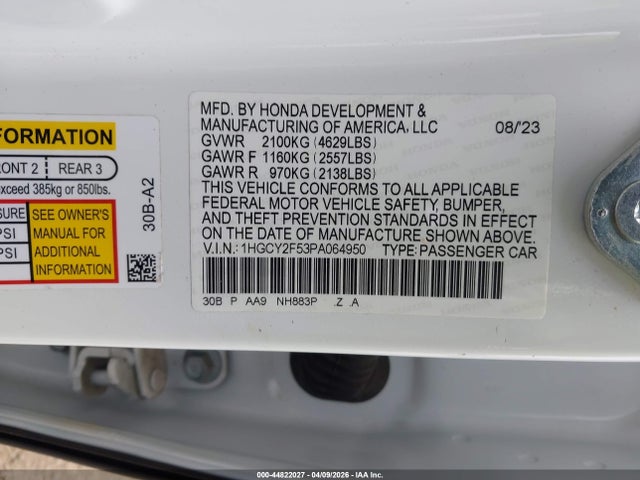 44822027 :رقم المزاد ، 1HGCY2F53PA064950 vin ، 2023 Honda Accord Hybrid Sport مزاد بيع