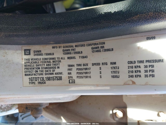 44822036 :رقم المزاد ، 1GTDT13L198157538 vin ، 2009 Gmc Canyon Sle2 مزاد بيع