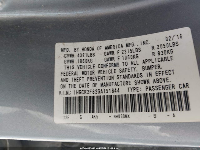Aukcja sprzedaży 2016 Honda Accord Ex-l, vin: 1HGCR2F82GA151844, numer aukcji: 44822048
