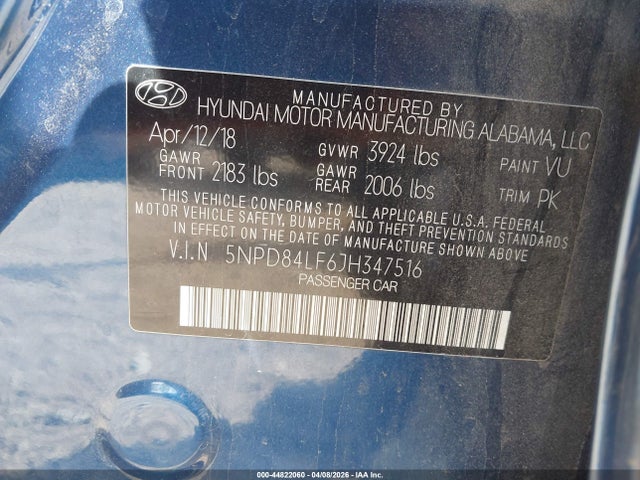 44822060 :رقم المزاد ، 5NPD84LF6JH347516 vin ، 2018 Hyundai Elantra Value Edition مزاد بيع