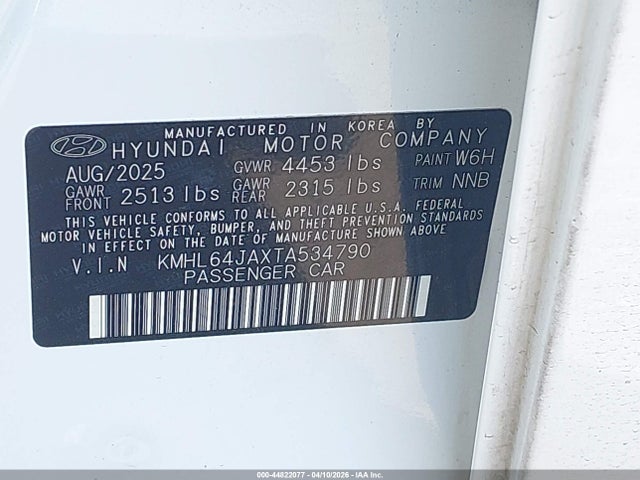 44822077 :رقم المزاد ، KMHL64JAXTA534790 vin ، 2026 Hyundai Sonata Sel Sport مزاد بيع