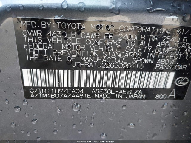 44822085 :رقم المزاد ، JTHBA1D22G5020916 vin ، 2016 Lexus Is 200t مزاد بيع