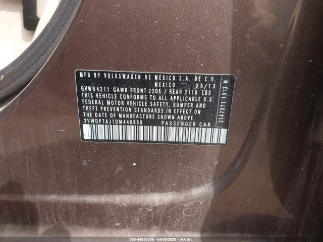 2013 Volkswagen Jetta 2.5l Se მანქანა იყიდება აუქციონზე, vin: 3VWDP7AJ1DM446980, აუქციონის ნომერი: 44822096