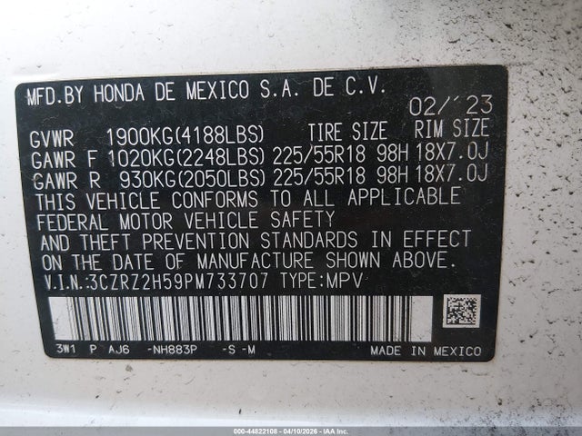 44822108 :رقم المزاد ، 3CZRZ2H59PM733707 vin ، 2023 Honda Hr-v Awd Sport مزاد بيع