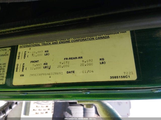 Продажа на аукционе авто 2004 International 9200 9200i, vin: 2HSCEAPR64C028691, номер лота: 44822112