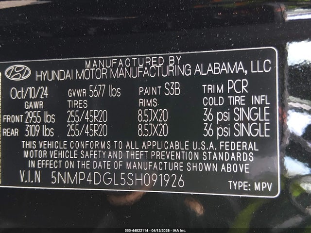 Aukcja sprzedaży 2025 Hyundai Santa Fe Limited, vin: 5NMP4DGL5SH091926, numer aukcji: 44822114