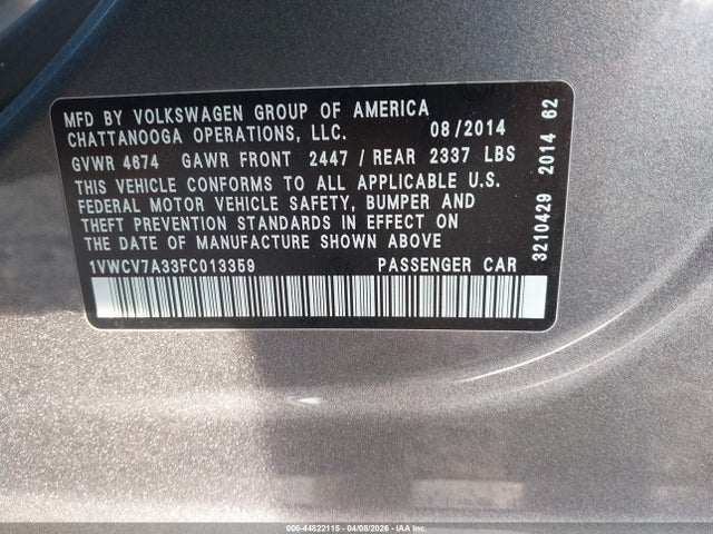 Aukcja sprzedaży 2015 Volkswagen Passat 2.0l Tdi Sel Premium, vin: 1VWCV7A33FC013359, numer aukcji: 44822115