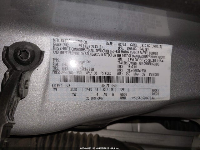 44822119 :رقم المزاد ، 1FADP3F25GL291164 vin ، 2016 Ford Focus Se مزاد بيع