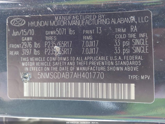 Продаж на аукціоні авто 2010 Hyundai Santa Fe Gls, vin: 5NMSGDAB7AH401770, номер лоту: 44822129