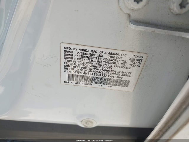 Продажа на аукционе авто 2010 Honda Pilot Ex-l, vin: 5FNYF4H67AB024137, номер лота: 44822131