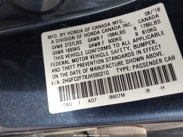 Honda CIVIC EX 2018 2HGFC2F7XJH590210 Image 9
