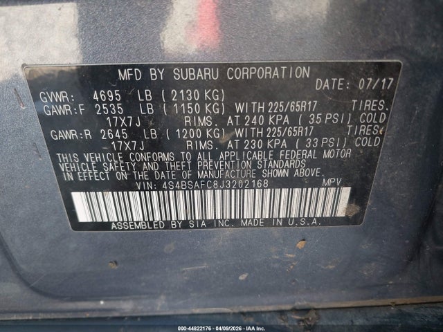 Aukcja sprzedaży 2018 Subaru Outback 2.5i Premium, vin: 4S4BSAFC8J3202168, numer aukcji: 44822176