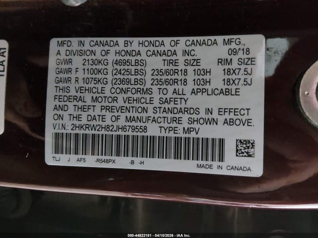 Продаж на аукціоні авто 2018 Honda Cr-v Ex-l/ex-l Navi, vin: 2HKRW2H82JH679558, номер лоту: 44822181