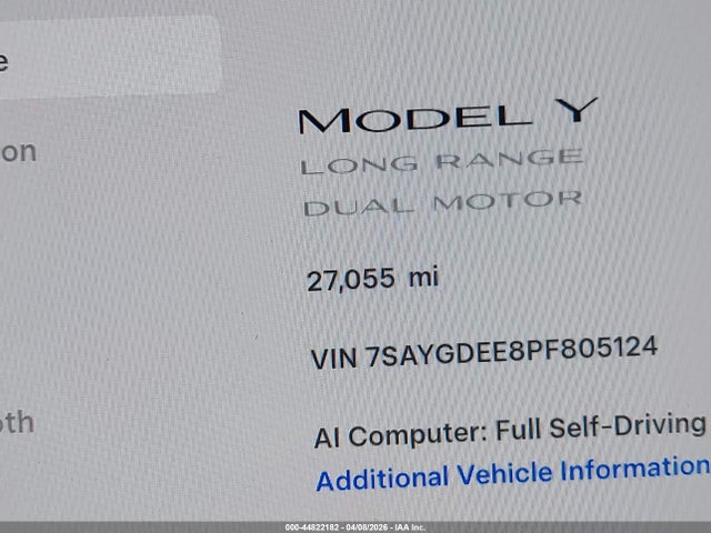 44822182 :رقم المزاد ، 7SAYGDEE8PF805124 vin ، 2023 Tesla Model Y Awd/long Range Dual Motor All-wheel Drive مزاد بيع
