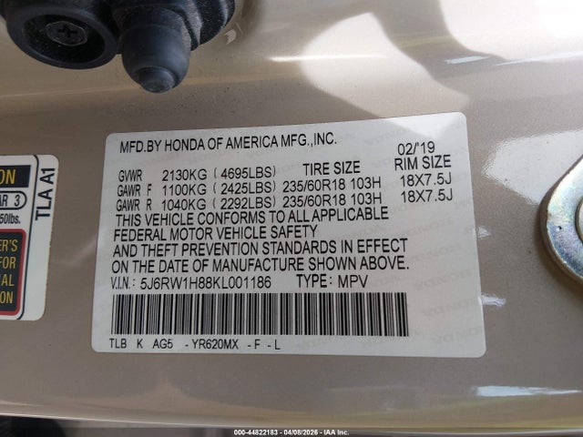 Aukcja sprzedaży 2019 Honda Cr-v Ex-l, vin: 5J6RW1H88KL001186, numer aukcji: 44822183