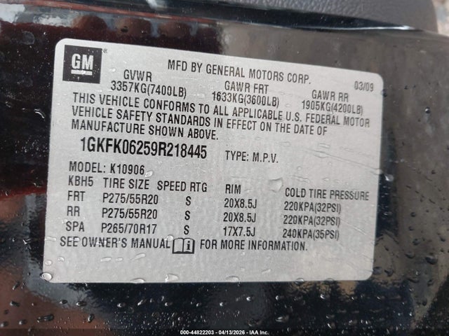 Продажа на аукционе авто 2009 Gmc Yukon Xl 1500 Denali, vin: 1GKFK06259R218445, номер лота: 44822203