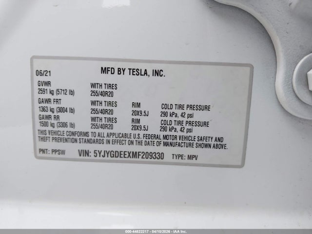 Aukcja sprzedaży 2021 Tesla Model Y Long Range Dual Motor All-wheel Drive, vin: 5YJYGDEEXMF209330, numer aukcji: 44822217