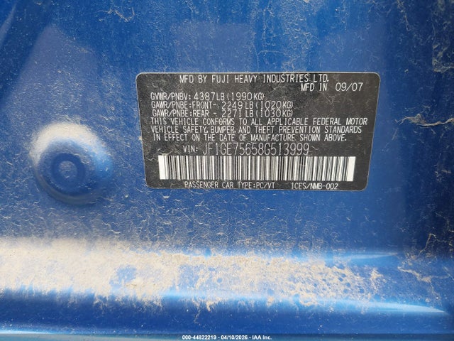 2008 Subaru Impreza Wrx მანქანა იყიდება აუქციონზე, vin: JF1GE75658G513999, აუქციონის ნომერი: 44822219