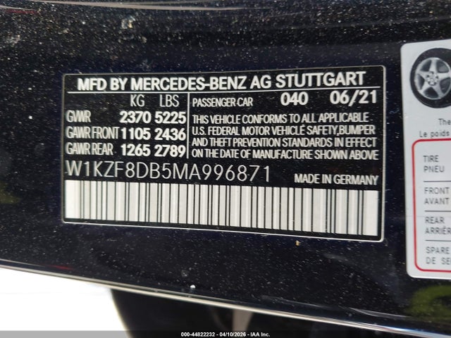 44822232 :رقم المزاد ، W1KZF8DB5MA996871 vin ، 2021 Mercedes-benz E 350 مزاد بيع