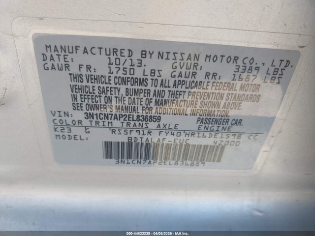 Nissan Versa 1.6 S 2014 3N1CN7AP2EL836859 Image 9