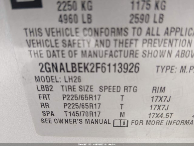 Chevrolet EQUINOX 1LT 2015 2GNALBEK2F6113926 Image 9