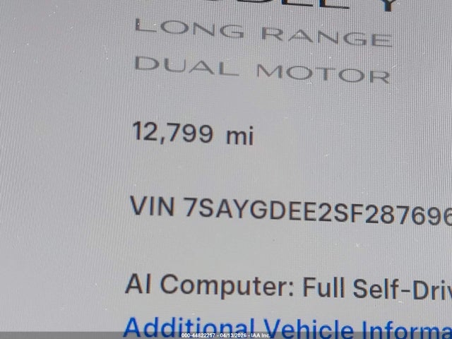 44822257 :رقم المزاد ، 7SAYGDEE2SF287696 vin ، 2025 Tesla Model Y Long Range Dual Motor All-wheel Drive مزاد بيع