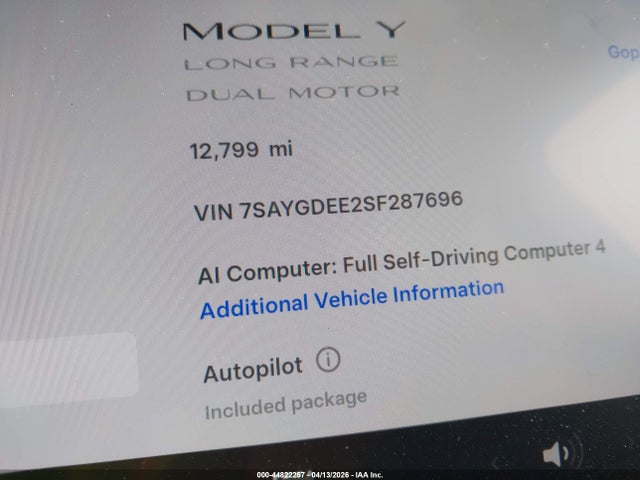 44822257 :رقم المزاد ، 7SAYGDEE2SF287696 vin ، 2025 Tesla Model Y Long Range Dual Motor All-wheel Drive مزاد بيع