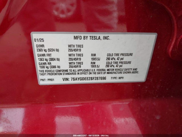 44822257 :رقم المزاد ، 7SAYGDEE2SF287696 vin ، 2025 Tesla Model Y Long Range Dual Motor All-wheel Drive مزاد بيع
