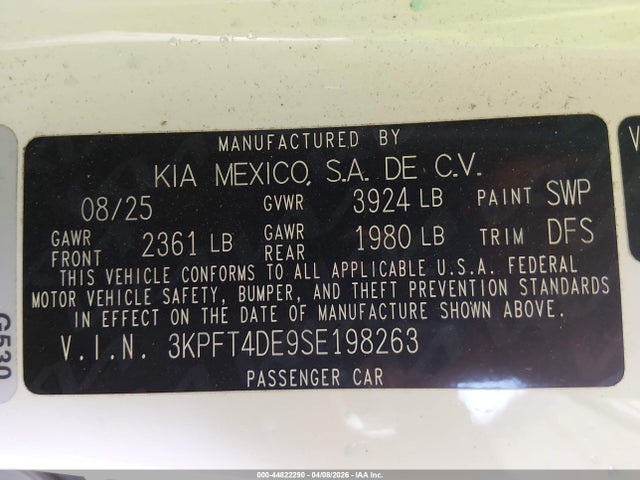 44822290 :رقم المزاد ، 3KPFT4DE9SE198263 vin ، 2025 Kia K4 Lx مزاد بيع