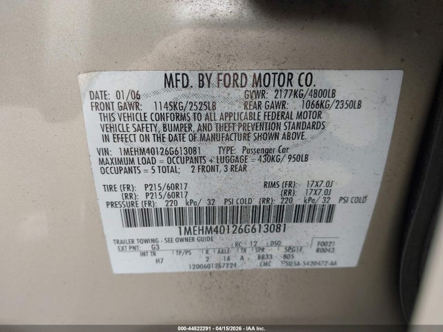 44822291 :رقم المزاد ، 1MEHM40126G613081 vin ، 2006 Mercury Montego Luxury مزاد بيع